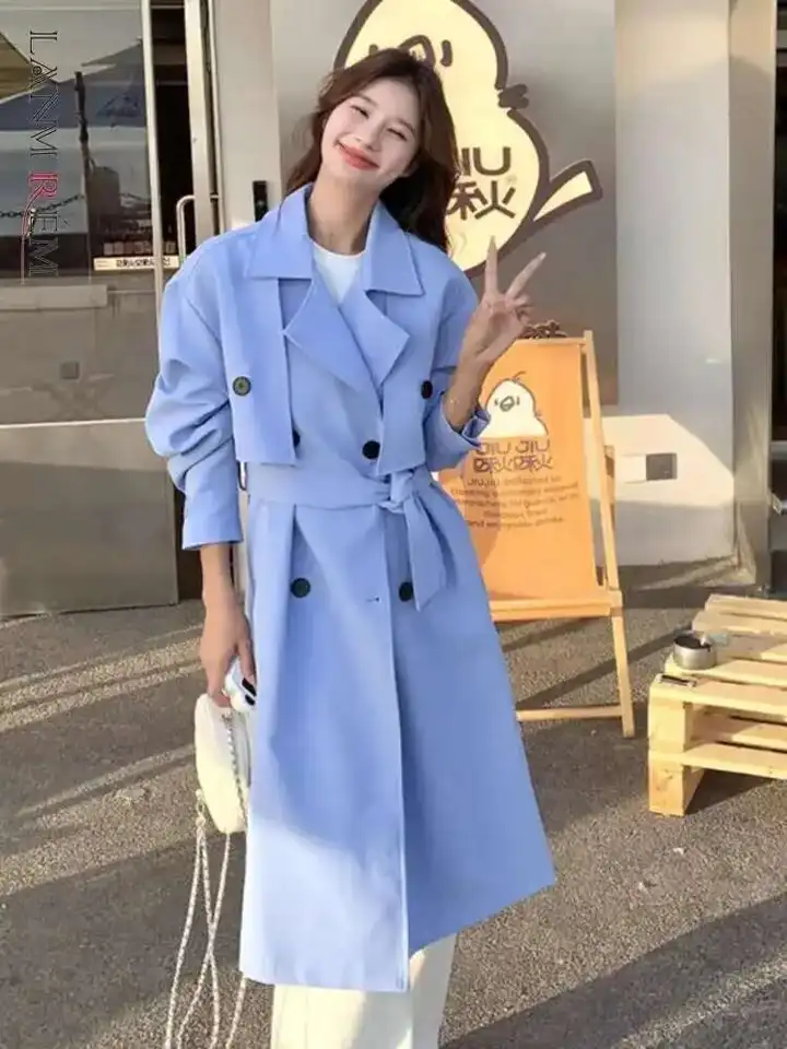 LANMREM Women's Blue Trench Coat New Fashion Lapel Patchwork Belt