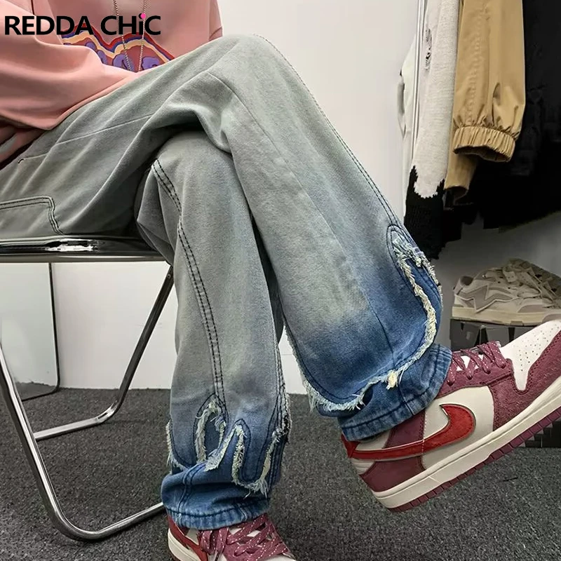 REDDACHIC Gradient Raw Edge Baggy Jeans Men Vintage Wash Patchwork Straight Casual Wide Leg Pants Denim Trousers Y2k Streetwear