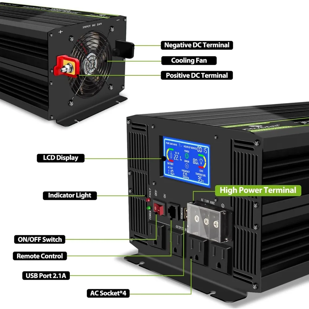 4000 Watt Pure Sine Wave Power Inverter DC 24V to AC 110V 120V Rv Inverters with 4 AC Outlets,High Power AC Terminal