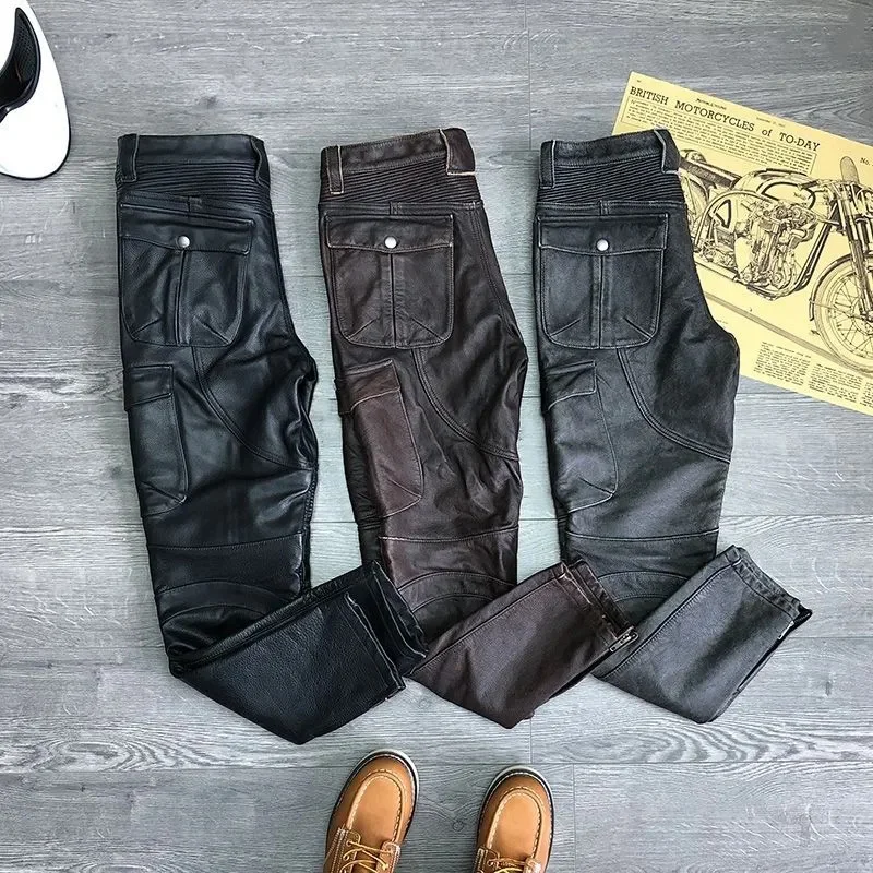 Black Winter Leather Trousers Men Motorcyce Style Plus Size 4XL Genuine Natural Cowhide Can Add Protective Gear Pants