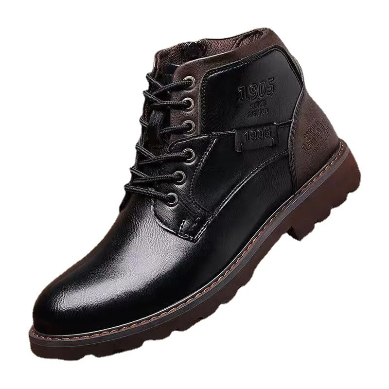 Leather Men Ankle Boots Plus Size High Top Shoes Outdoor Work Casual Shoes Motorcycle Military Combat Boots Fashion Autumn Brown