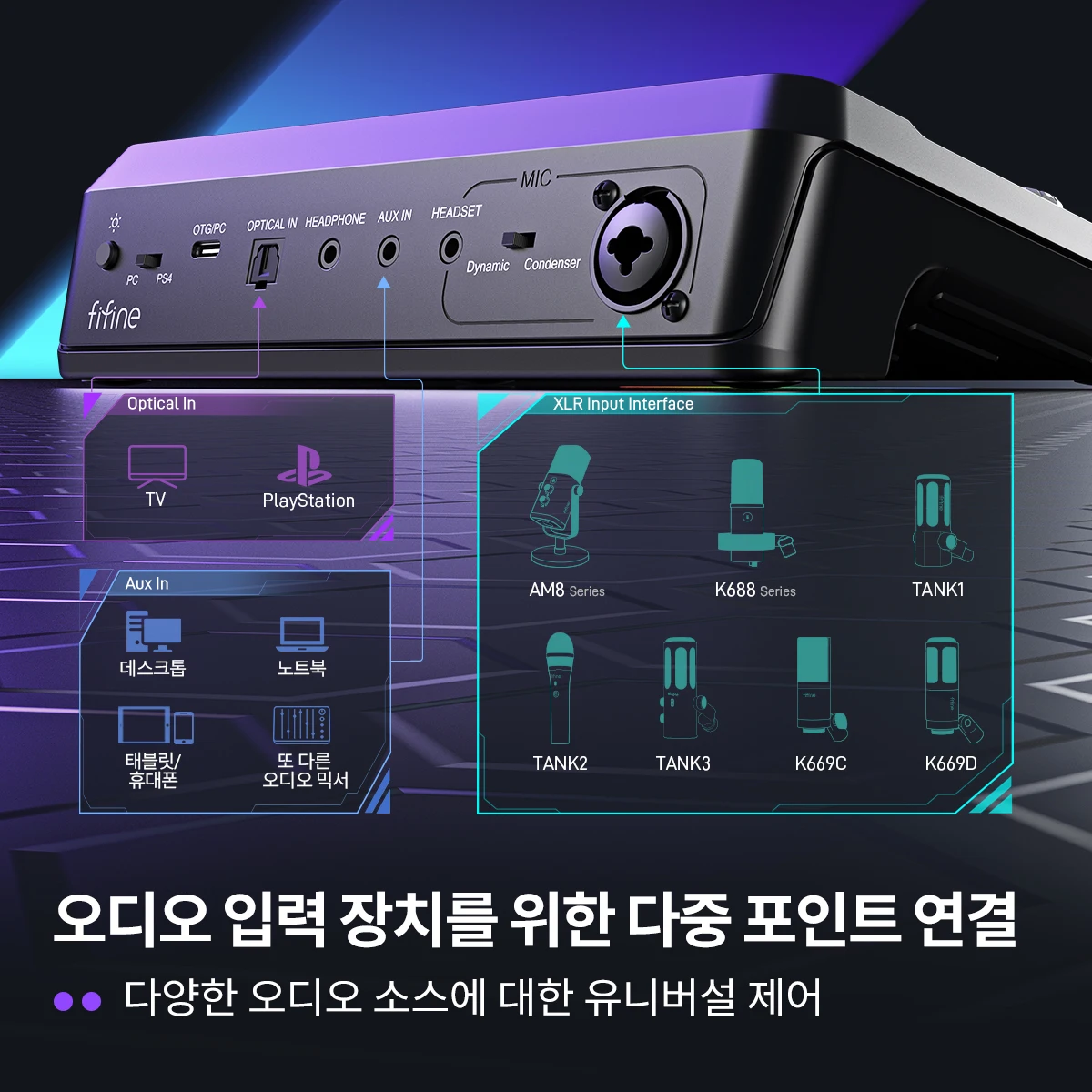 FIFINE SC8 오디오 믹서 (RGB 조명 및 보이스 체인저 포함), XLR 마이크 프리앰프, 3가지 EQ 모드, 게임/스트리밍/팟캐스트용 플러그 앤 플레이