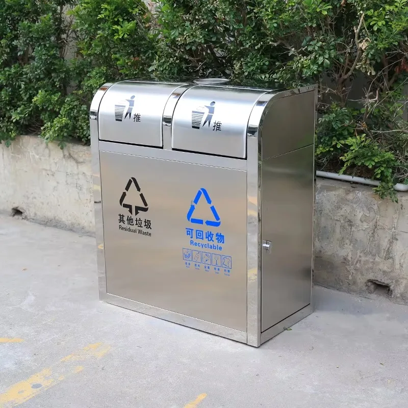 2 Compartments Stainless Steel Commercial Trash Bin Street Metal Large Garbage Bins Outdoor for Sale