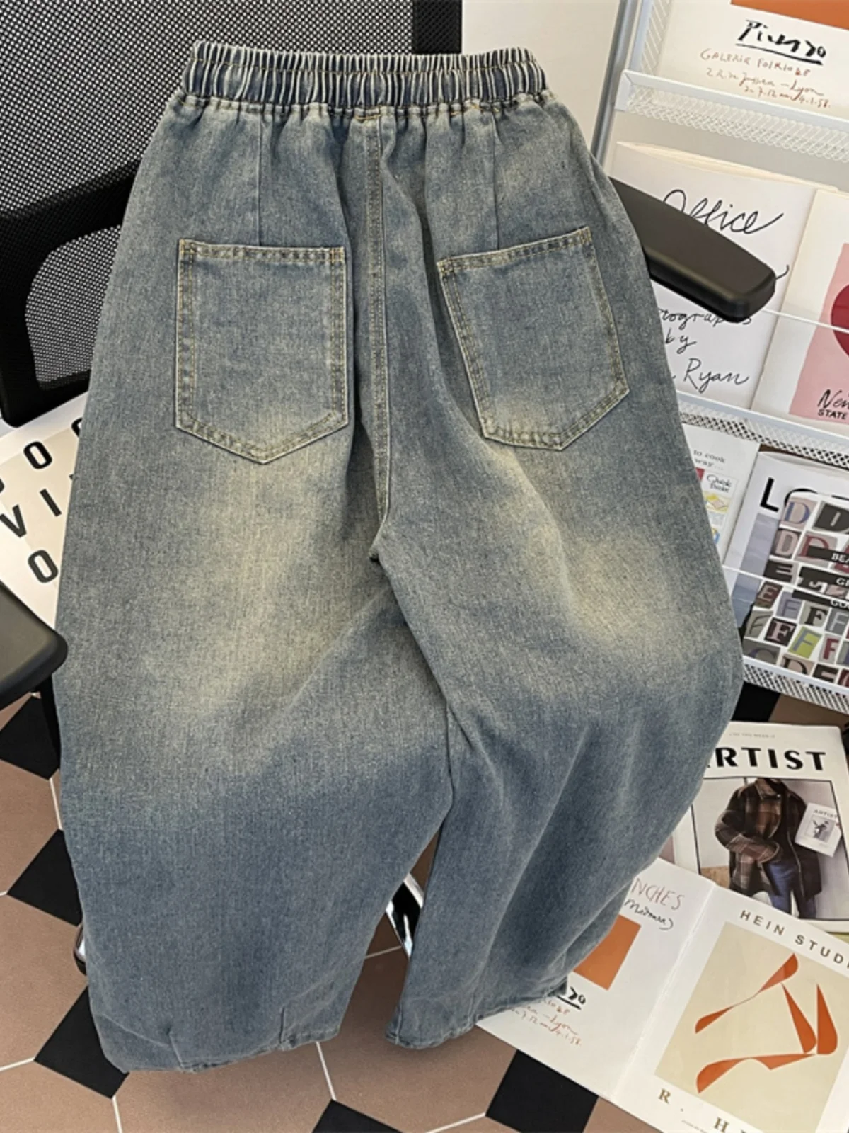 Spring/Autumn Elastic Waist Jeans for Men Drawstring Loose Trousers American Casual Fashion Retro Male Wide Leg Denim Pants