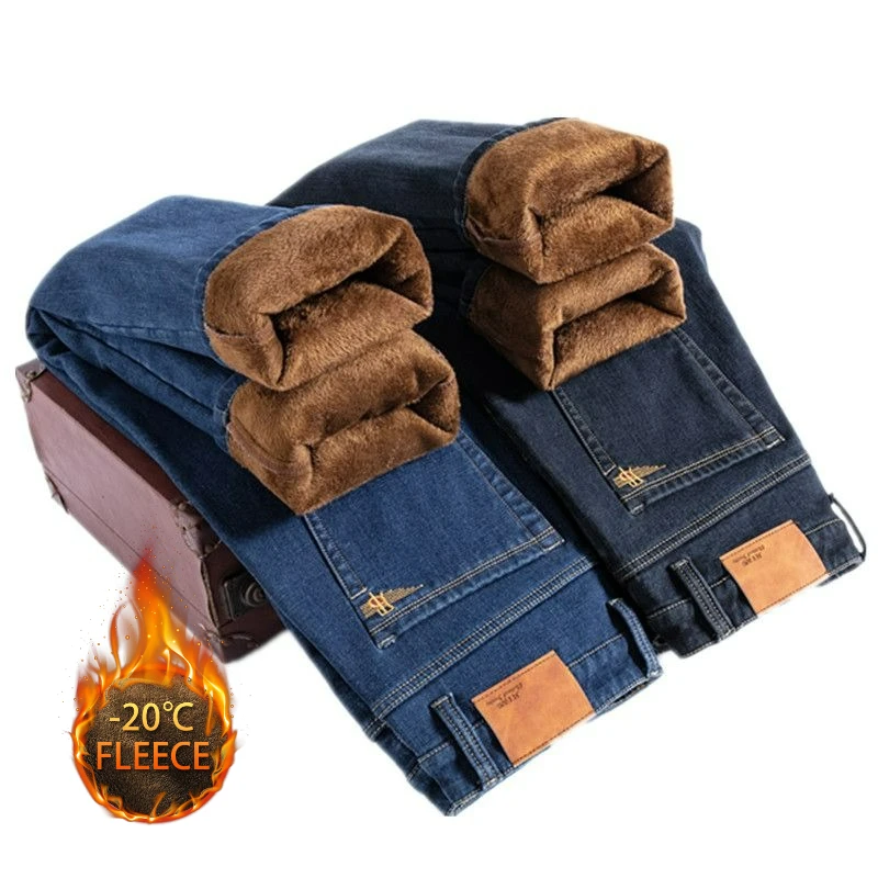 Осень-зима, теплые мужские джинсы, флисовые утолщенные эластичные черные, синие деловые прямые повседневные джинсовые брюки, брендовая мужская плюшевая одежда