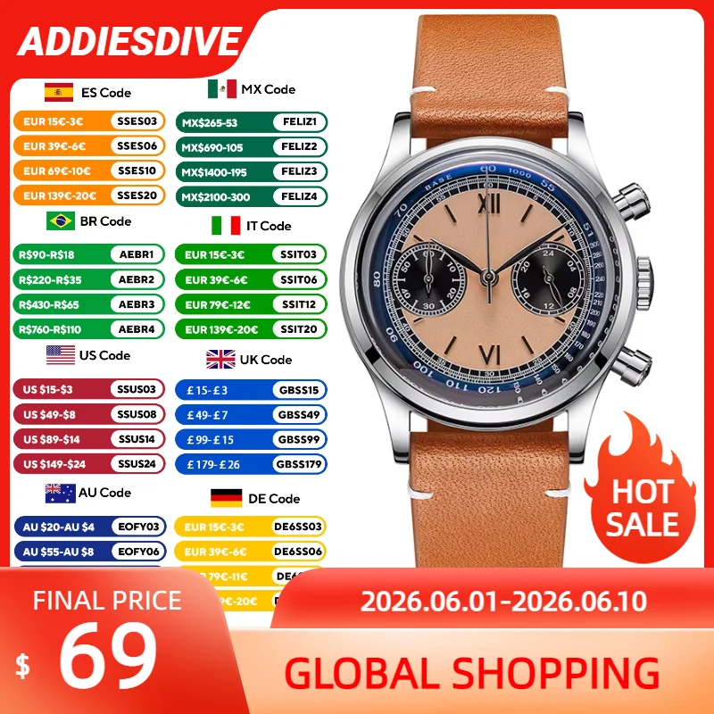 

ADDIESDIVE Vintage Multifunctional Chronograph Watch VK64 Movement AD2037 Reloj Hombre Waterproof Simple Men Quartz WristWatches