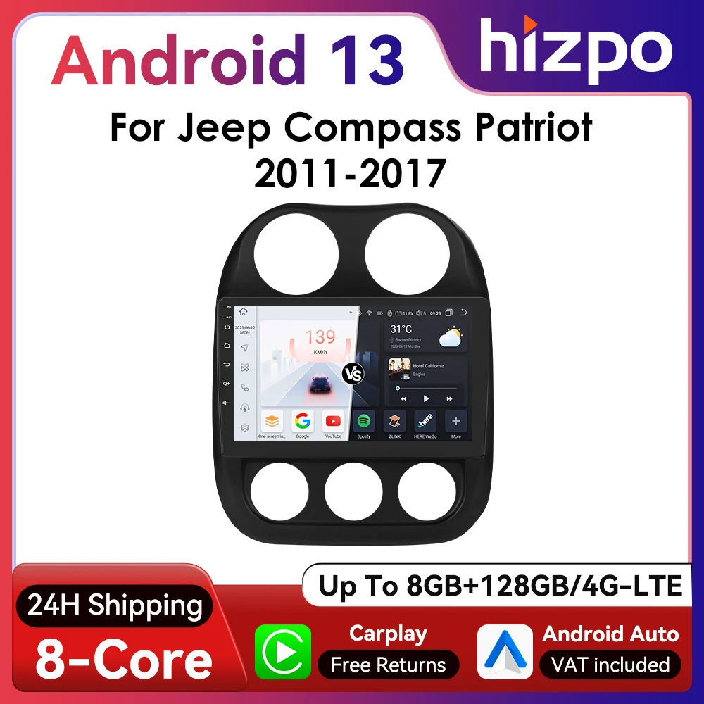 Hizpo 2Din 10.1inch Andorid Car Radio for Jeep Compass Patriot 2011 - 2017 Auto Stereo Navigation GPS RDS DSP 4G CarPlay UI7862