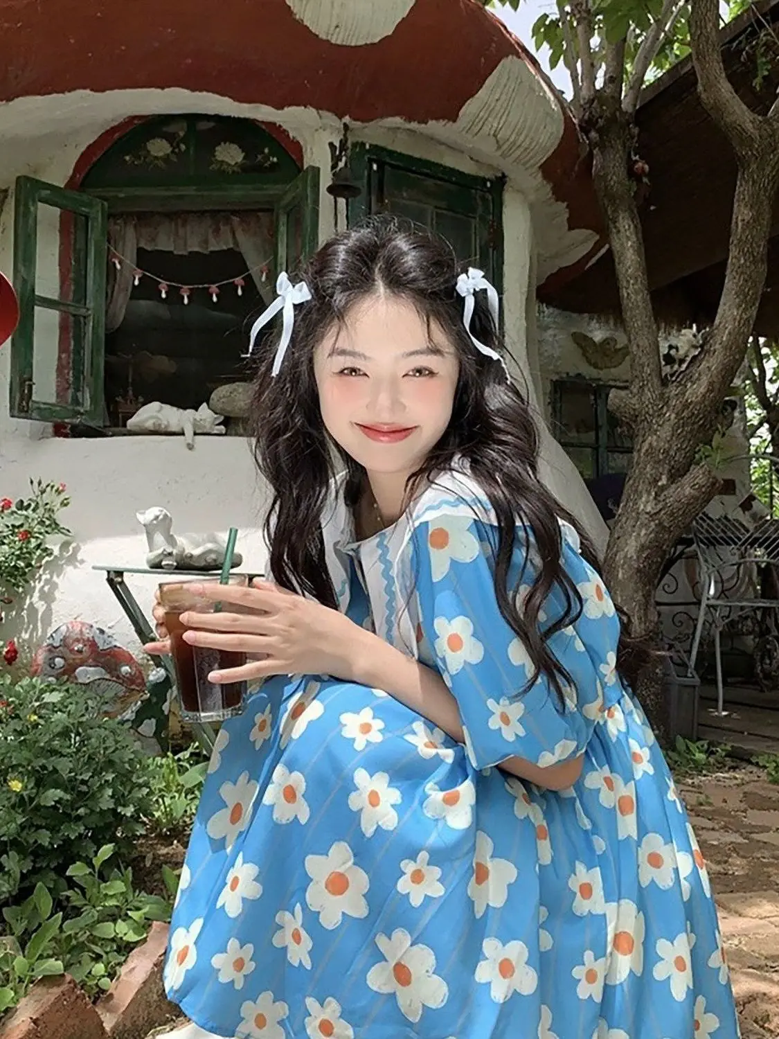 

plus Size Sweet Girl Style Doll Dress Loose Summer Short Sleeve Cover Belly Dress for Women over 300 Pounds Bubble Sleeve Print