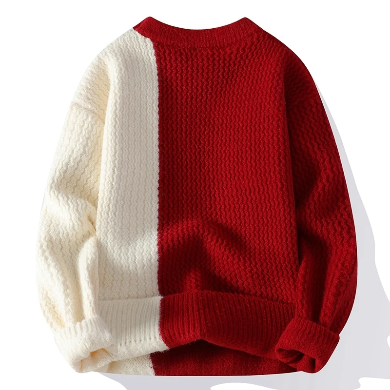 2025 Autumn and Winter New Men's Round Neck Knitted Sweater Fashionable Casual Color Blocked Warm Pullover High-quality Top