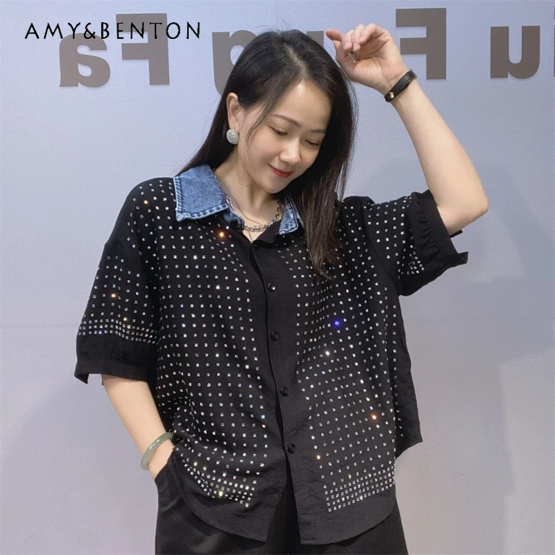 

Cool Style Rhinestone Embellished Denim Patchwork Short-sleeved Shirt Women's Summer Loose Fit Fashion Cotton Linen Oversize Top