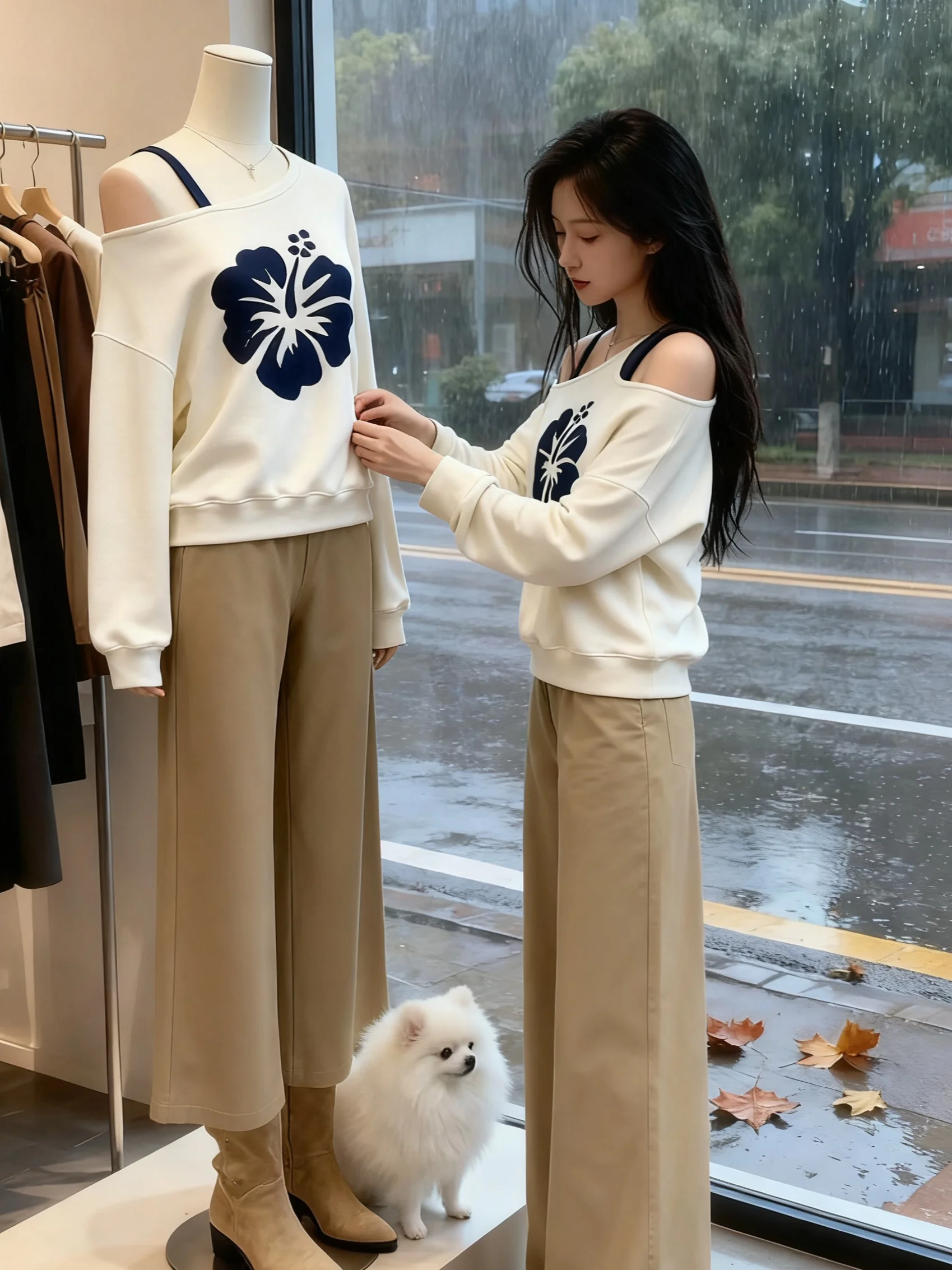 

Elegant Early Autumn Korean Style Cold Tone Rich Girl Miu Series Outfit INS Super Popular Set Long Sleeve Plant Floral Print