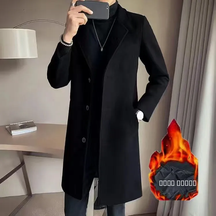 

Мужское теплое длинное шерстяное пальто на осень-зиму, приталенное, молодежное, модное, с прямым подолом, на одной пуговице