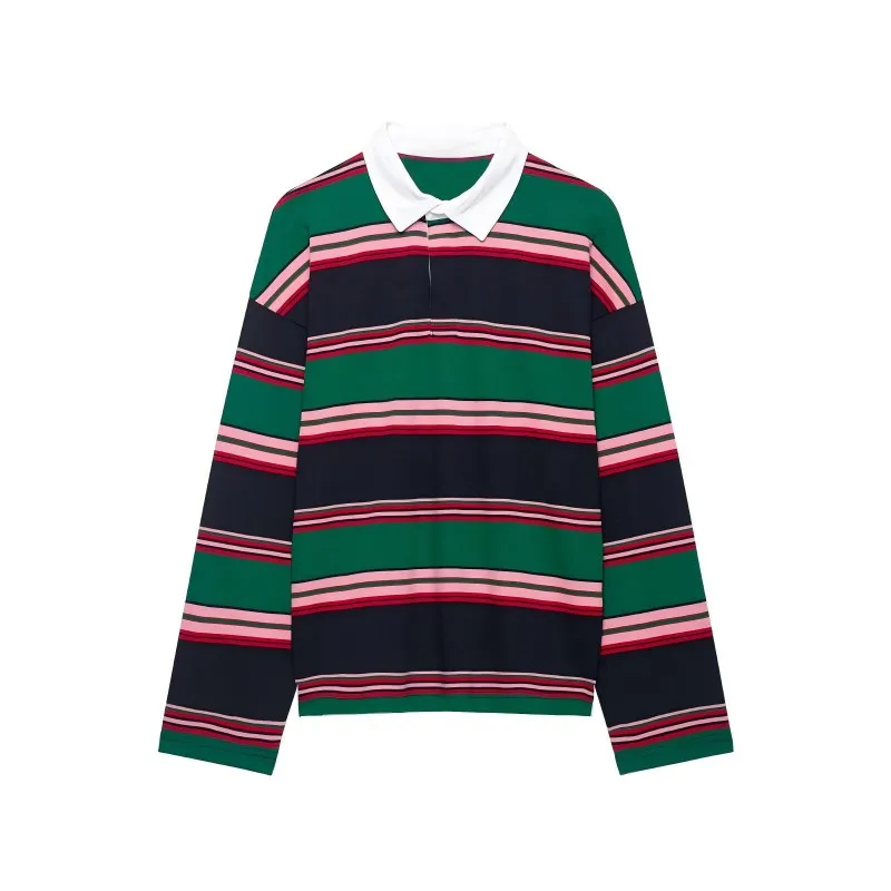 Women's Striped Long Sleeve Polo Shirt, Retro Colorblock Pullover, Casual Stripe Knit Blouse