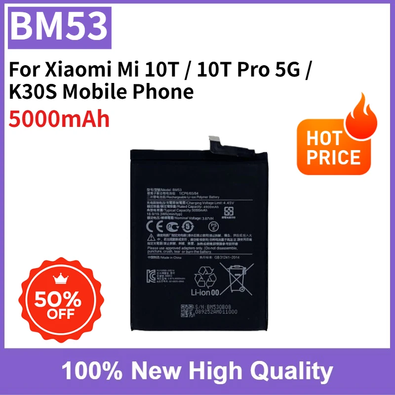 

Rechargeable Battery BM53 5000mAh Brand New High Quality for Xiaomi Mi 10T / 10T Pro 5G / K30S Mobile Phone High Capacity