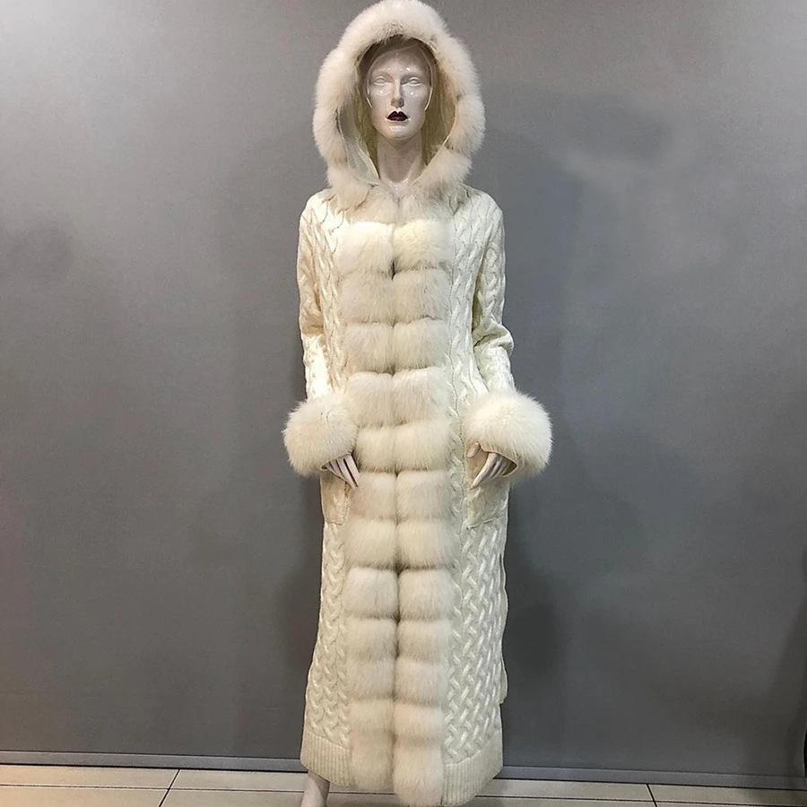 

Winter Wool Coat With Natural Fox Fur Women Long Cashmere Coat With Hood Luxury New Arrival