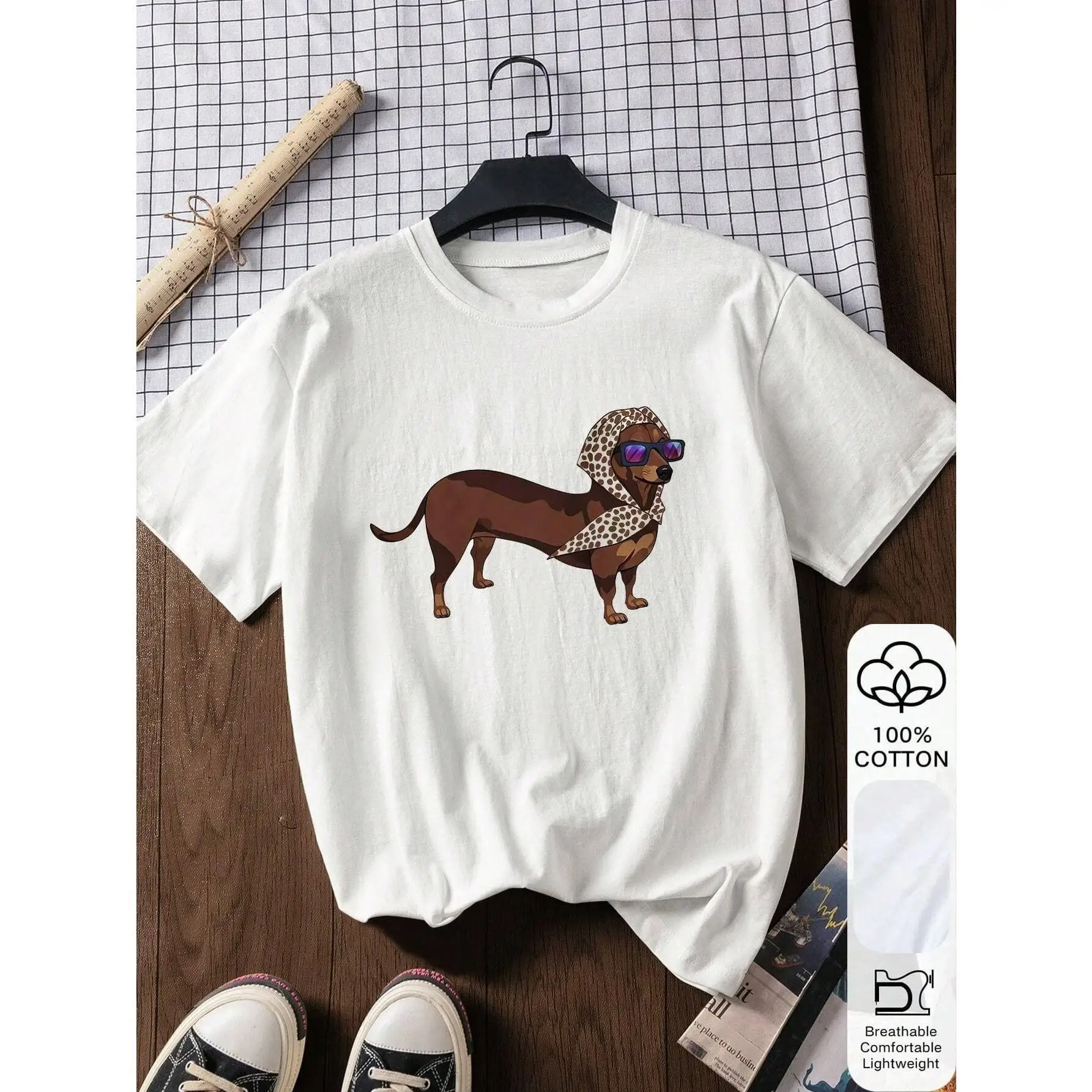 

Women's Funny Dachshund T-Shirt Leopard Scarf Dog Print Cute Sausage Dog Lover Tee Casual Pet Mom Gift Top