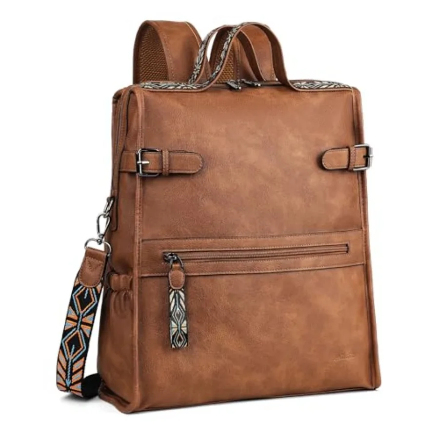 

FADEON Leather Laptop Backpack for Women, Designer Ladies Work Travel Computer Backpack with Laptop Compartment Purse Brown