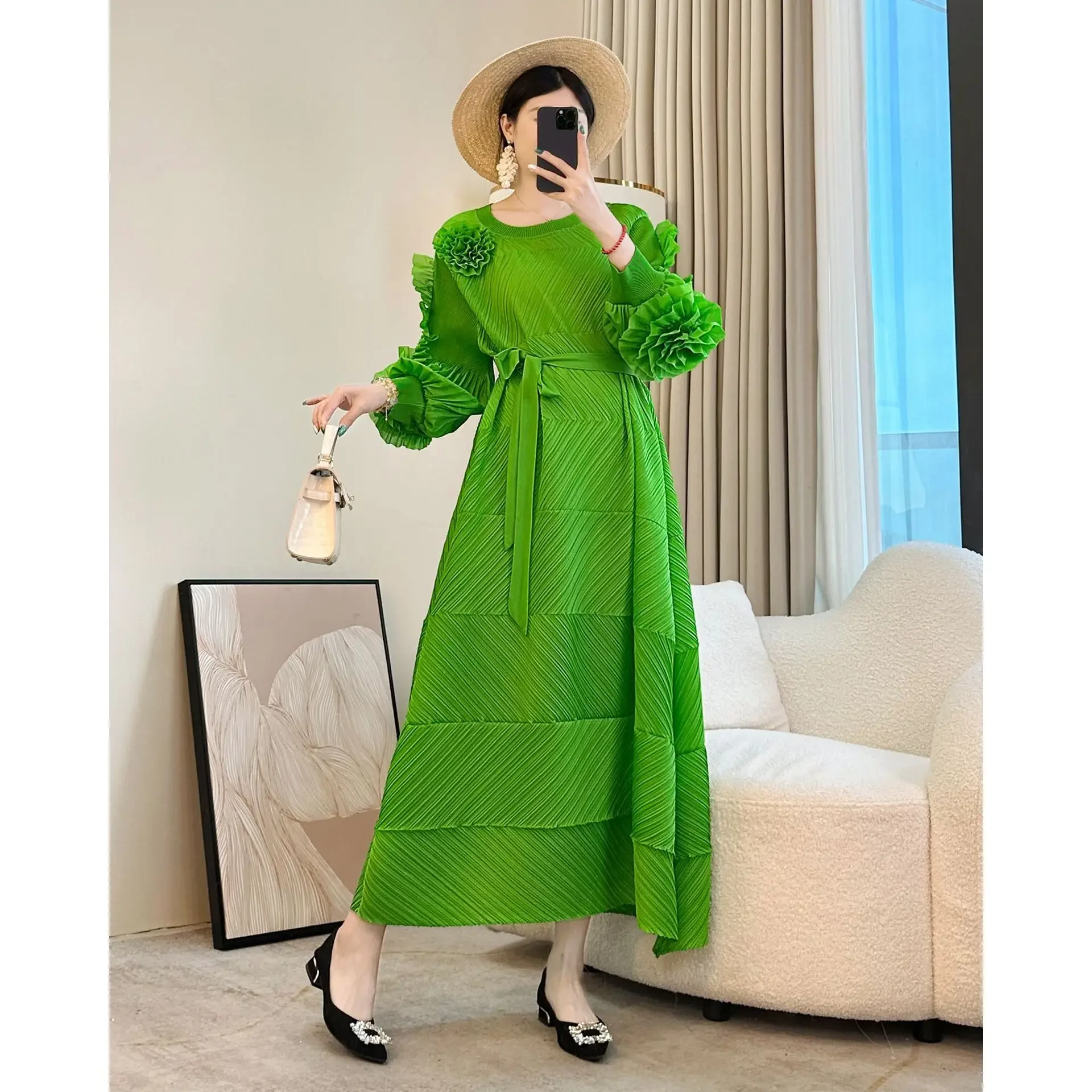 

miyake High Quality Bandage Dresses Three Dimensional Flower Splicing Design Women's Pleated Dress 2025 New Chic Cloth