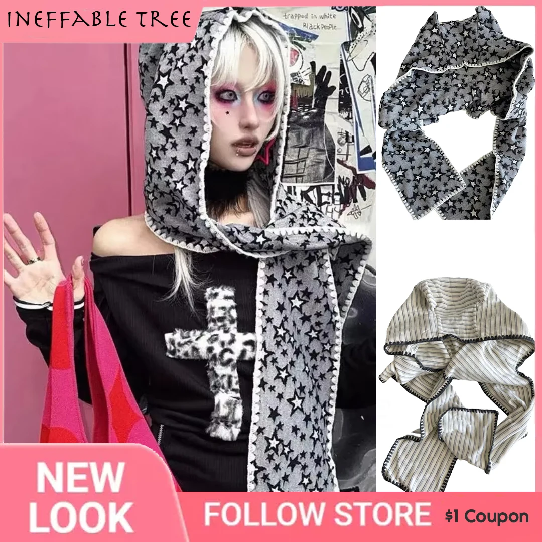 Y2K Balaclava Hats for Women Japanese Harajuku Star Vintage Punk Streetwear Warm Beanies Cap Winter Christmas Accessories Caps