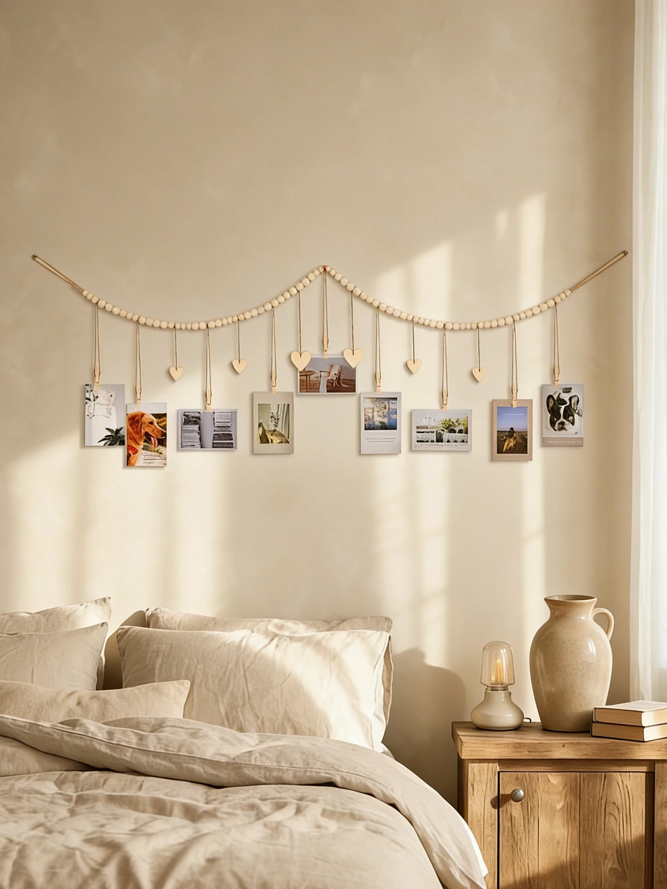 木製ビーズフォトガーランド ハートクリップ付き 壁掛け写真デ - Picture Hanging Strip のレビューと価格