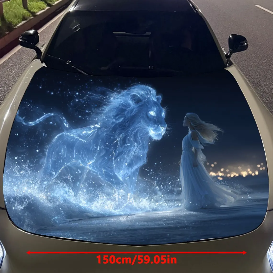 Starry Blue Lion and Woman in White Car Vinyl Wrap, PVC Material Waterproof Car Hood Sticker, Self-Adhesive Scratch-Resistant St
