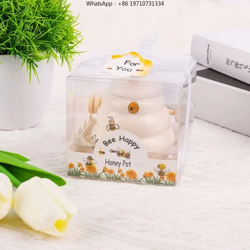 100 Pieces Ceramic Honey Pot with Honey Stick Gift Box Honeycomb Honey Jar Seasoning Jar Wedding Gift Ceramic Jar