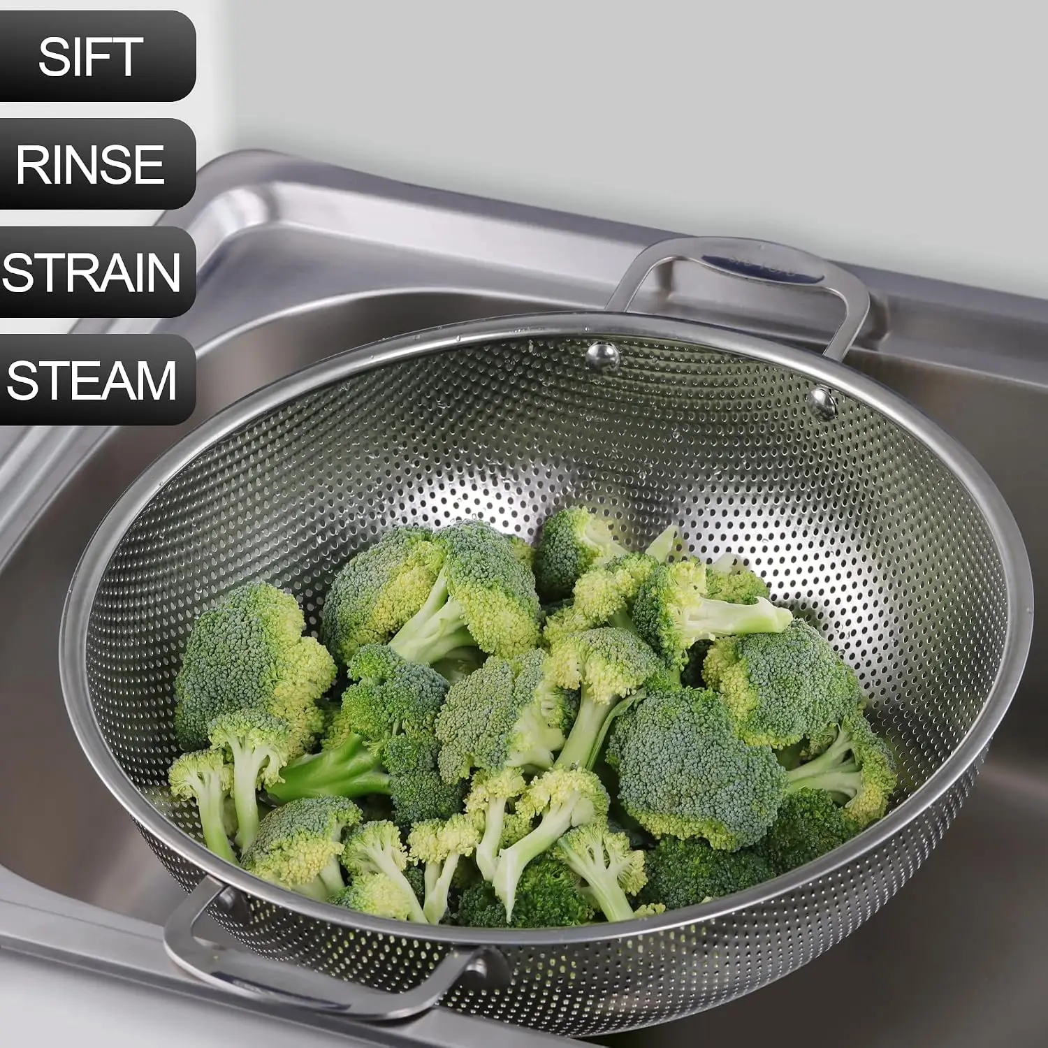 Large 6-Qt Colander, 18/8 Stainless Steel Mesh Strainer For Kitchen, Food Sieve With Riveted Handles And Self-draining S