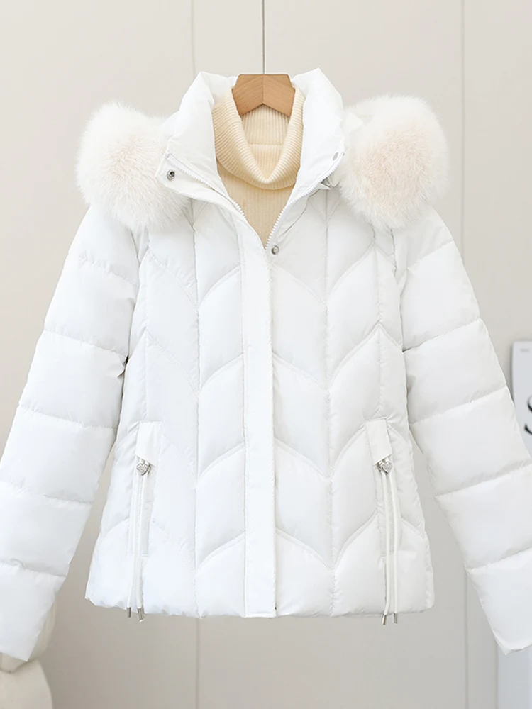 Casaco Feminino de Inverno com Forro de Algodão, Ajuste na Cintura, Gola de Pele Destacável, Estilo Casual para o Dia a Dia