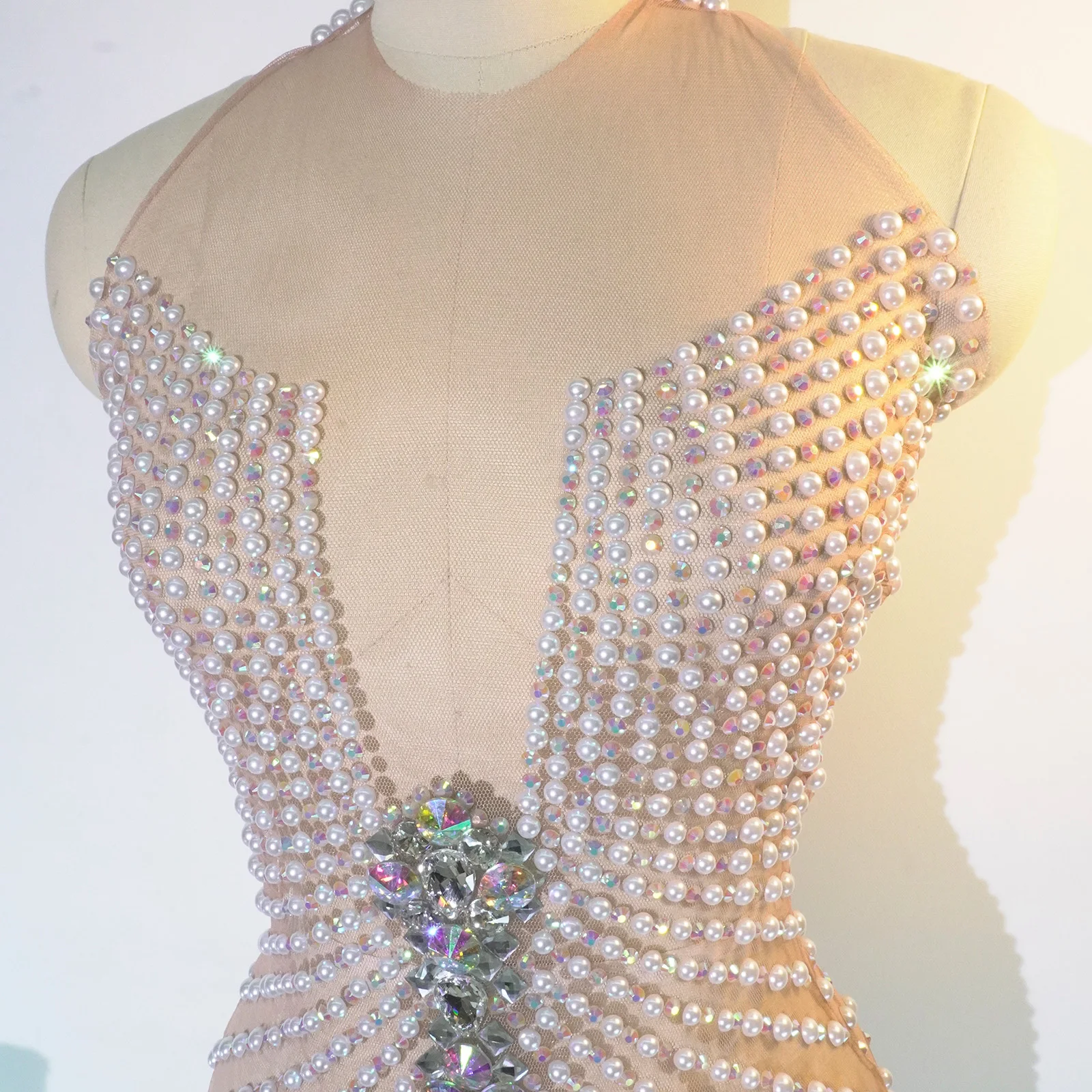 Sexy Sheer Pearl Sequins Crystal Evening Gown Women Sleeveless Mesh Bodycon Gala Party Dress Reception Formal Night Out