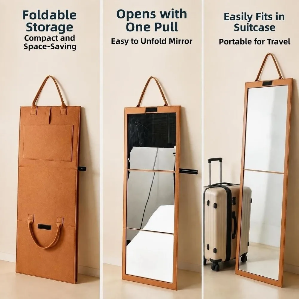 Foldable Full Body Mirror Wall-Mounted Anti Drop Travel Mirror Shatterproof Multifunctional Portable Vanity Mirror Dormitory