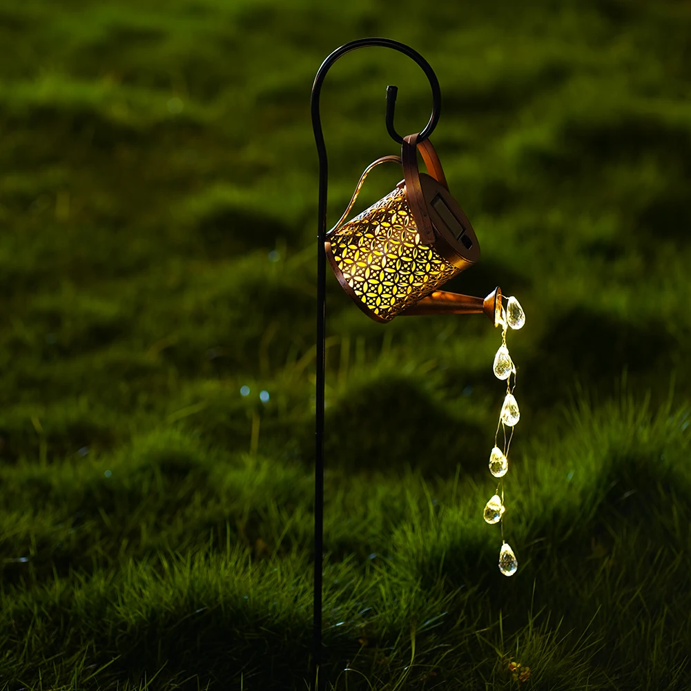 

Solar LED Watering Can Light Outdoor Kettle Art Hollow Raindrop Shower Lamps