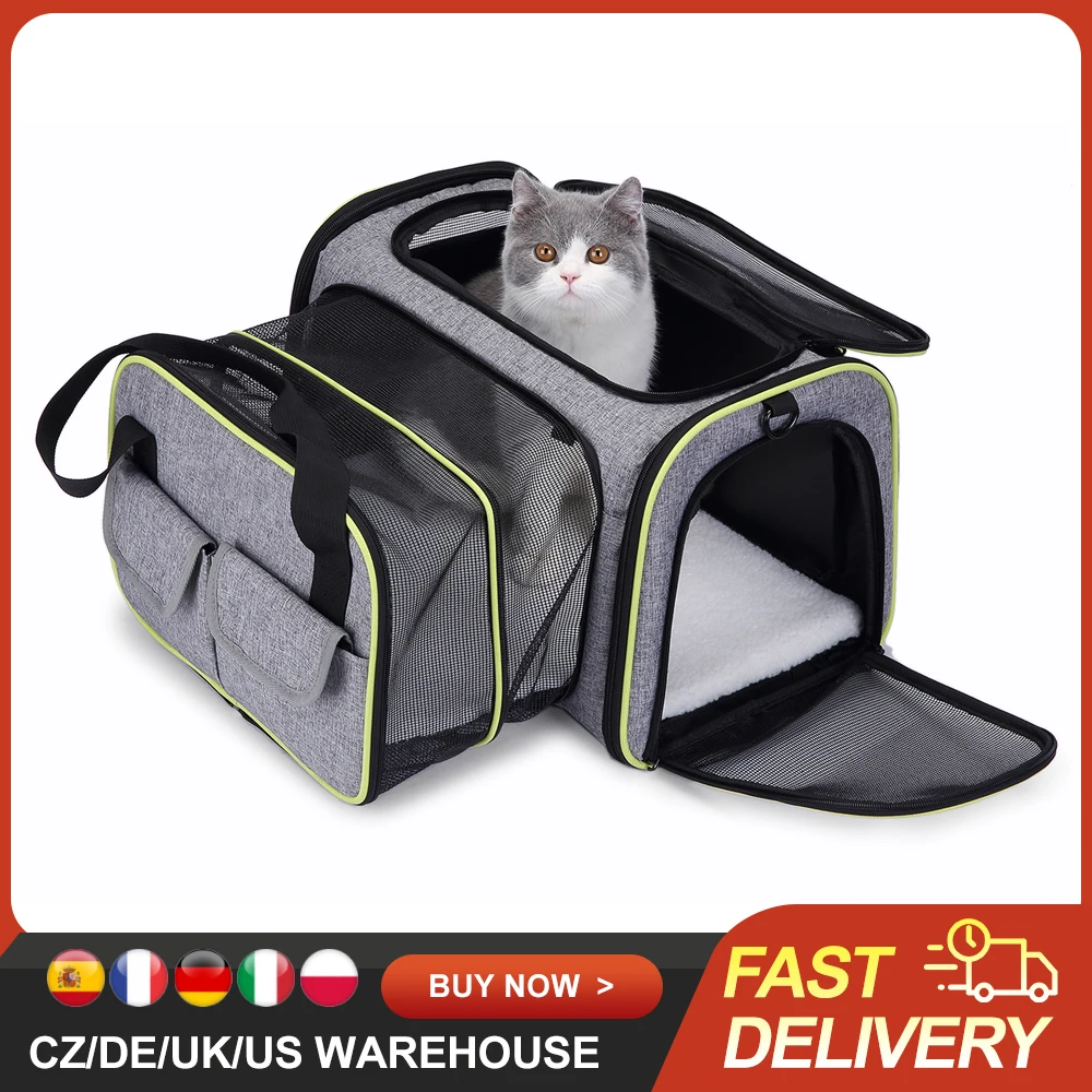 Expandable 600D Material Travel Pet Carrier Soft Sided Foldable Pet Dog Cat Carrier Bag with Fleece Mat Large Space