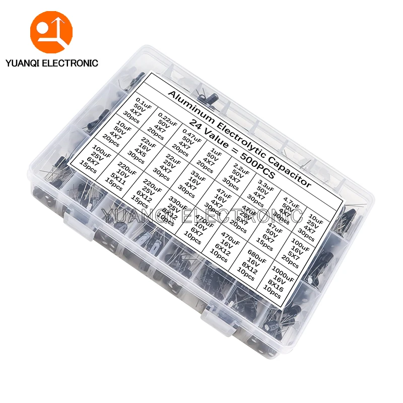 500Pcs/lot 0.1UF-1000UF 24Values 16V-50V Mix Aluminum Electrolytic Capacitor Assorted Kit And Storage Box