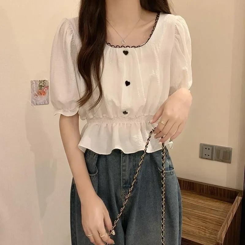 Sweet Square Collar Chiffon Shirts Women 2024 Summer New Office Lady Puff Sleeve Waist Tops Versatile Fashion Blouse Female