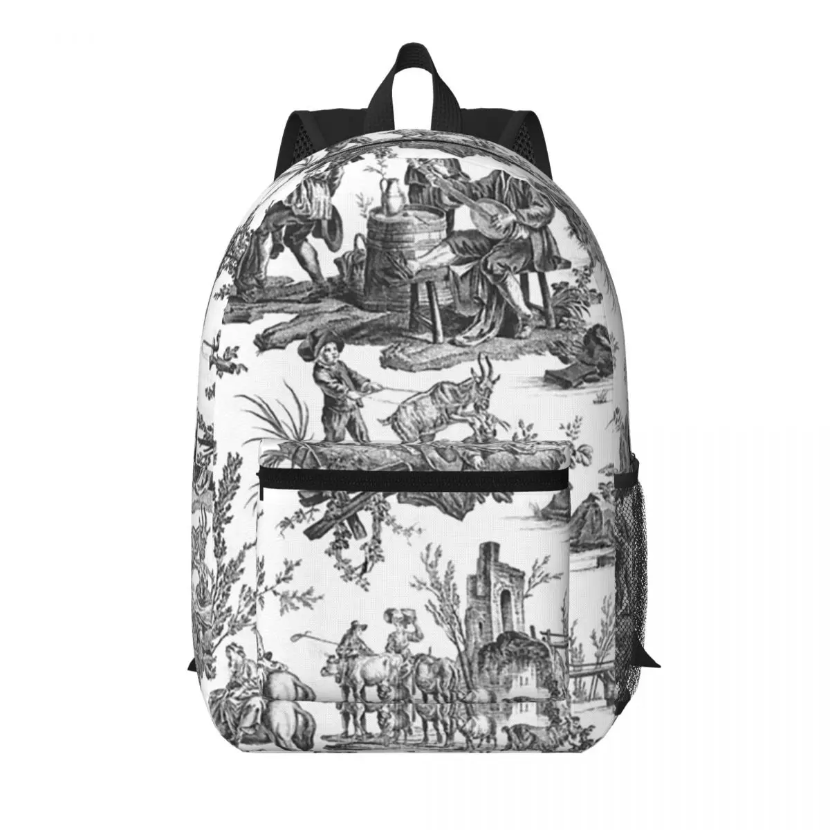 Black And White Toile De Jouy Student Backpack School Bag Hiking Travel Daypack for Boys Girls Bookbag Shoulder Bags