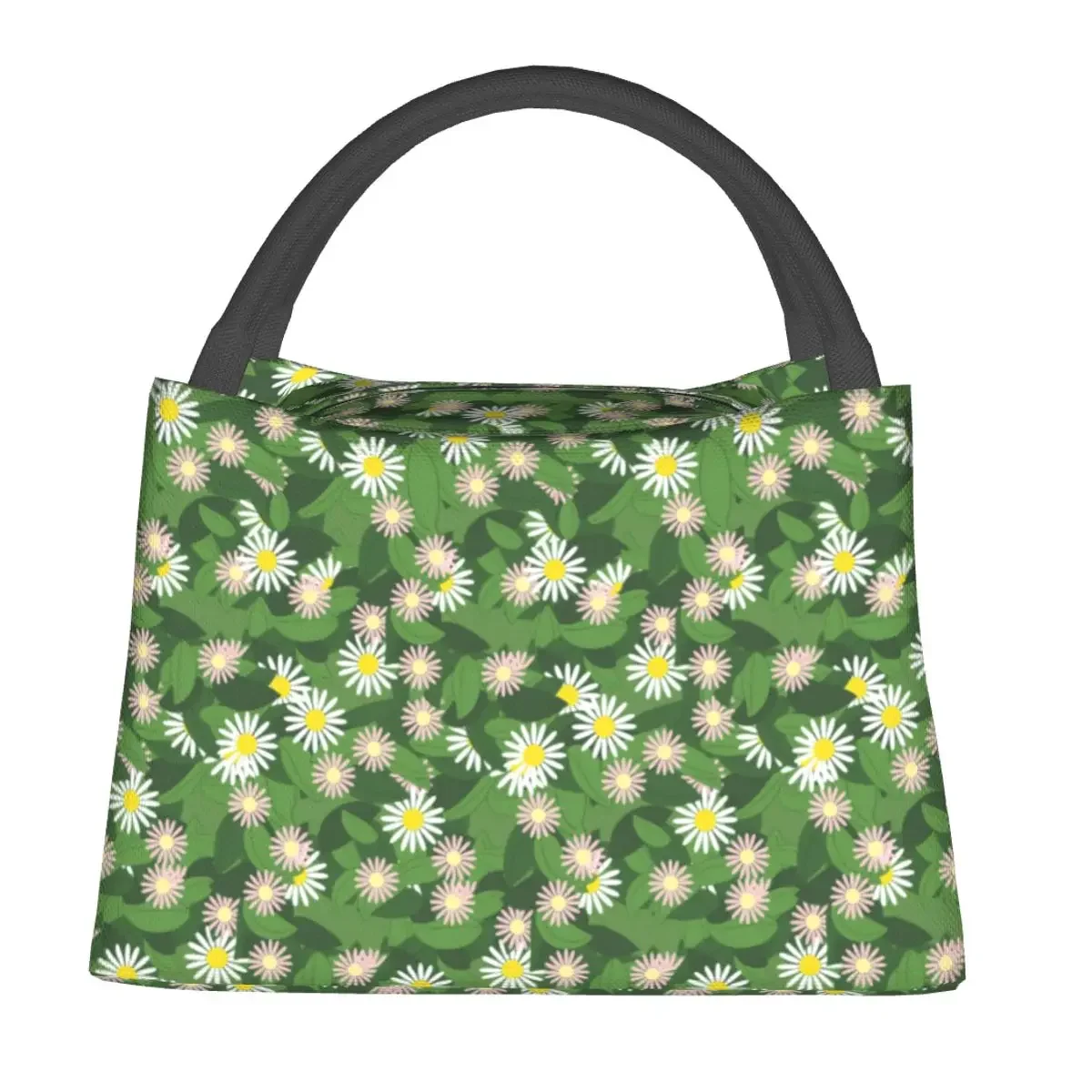 

Daisy Floral Print Lunch Bag Green Leaves Graphic Lunch Box Fun School Cooler Bag Portable Insulated Thermal Tote Handbags