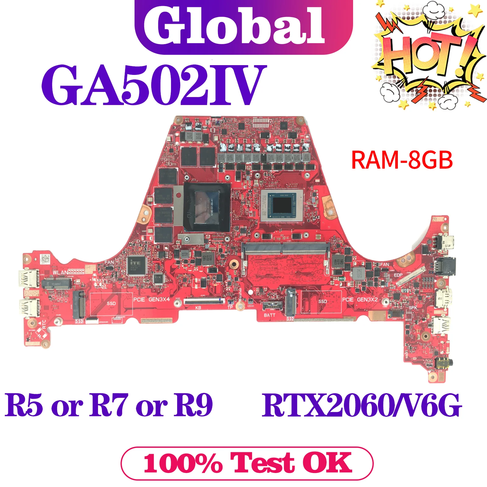 KEFU Mainboard For ASUS GA502IV GA502IU GA502 GA502DU GA502I Laptop Motherboard R5 R7 R9 GTX1660Ti/V6G RTX2060/6G RAM/8GB