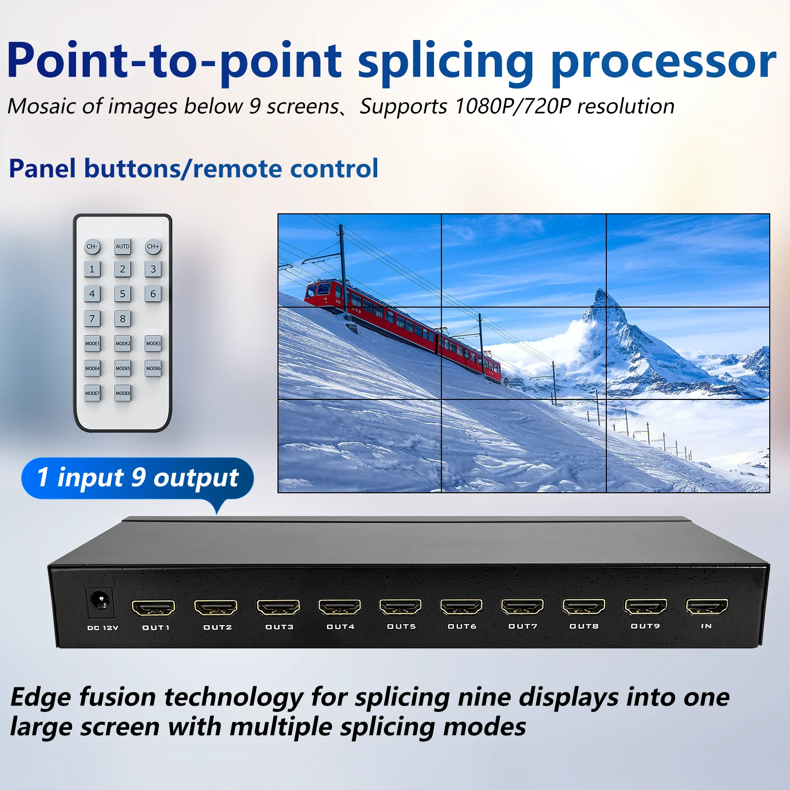 

3x3 Video Wall Controller 1080P Processor MultiScreen Stitching 60Hz 1Input 9 Out For HDMI TV Splicing Box Splicer 180°