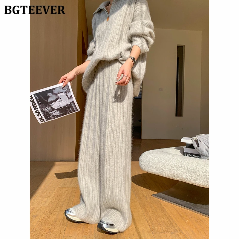 BGTEEVER Autumn Winter Warm Ladies 2 Pieces Sweaters Set Long Sleeve Zipper Up Pullovers Tops Women Wide Leg Trousers