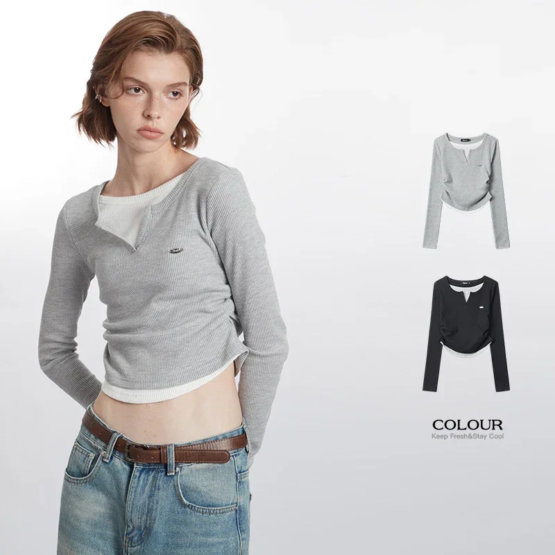 

CASUMANL Brand Fake Two Pieces V-neck T-shirt Females Autumn New Vintage Minimalist Long Sleeve T Shirt Women 2000s Clothes Y2k