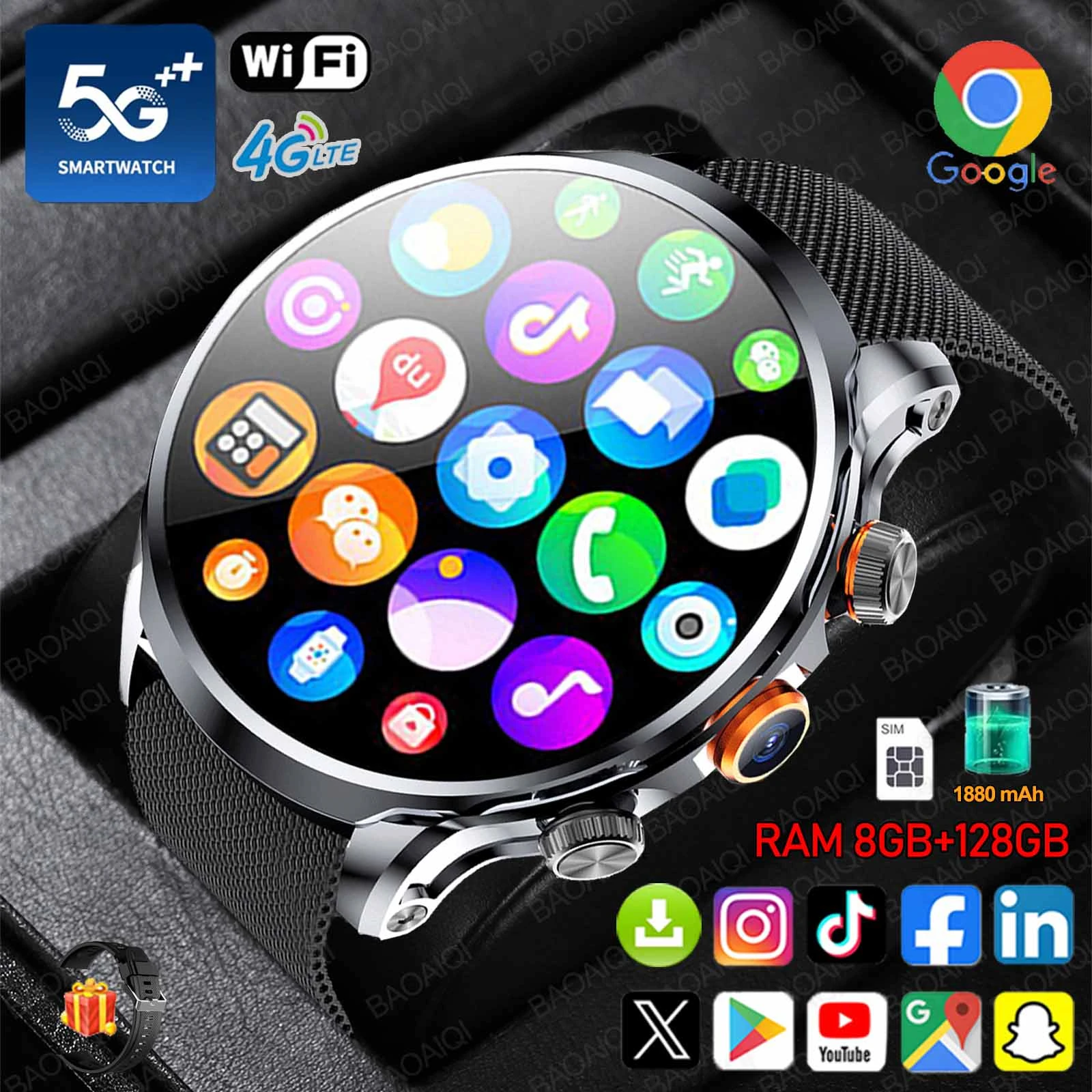 

5G/4G Android 9.0 Smart Watch 1.95 inch 680*680 AMOLED 1880mah Battery 800W Camera 8GB+128GB RAM GPS WIFI Google APPS Smartwatch