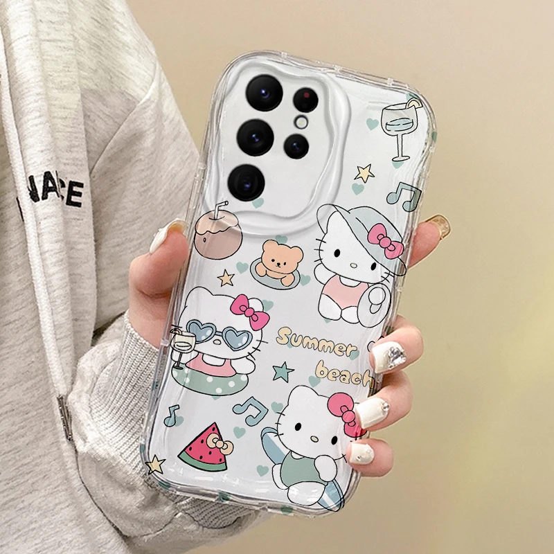 Lovely Hello Kitty Wave Cartoon Phone Case for Samsung Galaxy S24 S23 S22 Ultra Plus S21 FE A73 A72 A55 A54 TPU Shockproof Cover