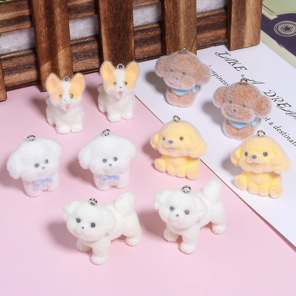 20Pcs 3D Cute Corgi Teddy Pendant Fluffy Flocking Animal Doll Charms wholesale Keychain Necklace Pendant DIY Crafts Jewelry Make