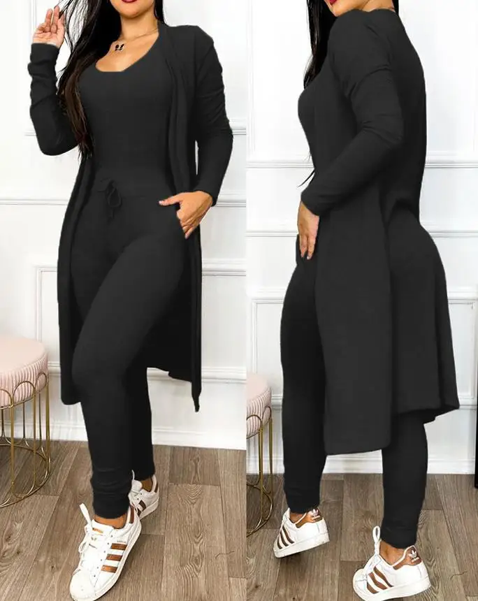 Autumn Women\'s New Drawstring Pocket Design Jumpsuit & Coat Set Temperament Commuting Women Fashion Suit Sets Two Piece Outfits