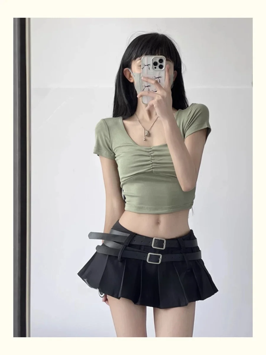 RORORIRI jupe Ultra courte noir Mini jupe pour femmes Double ceinture jupes très courtes plissées Y2K Harajuku Y2K Gyaru sous-shorts