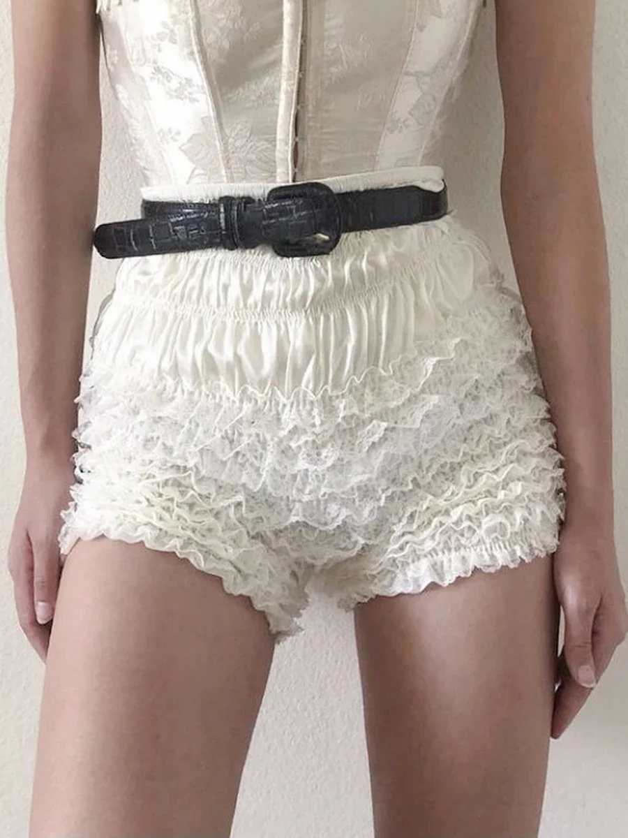 Women Lace Trim Layered Ruffle Bloomers Shorts Low Waist Lolita Pumpkin Panties Transparent Princess Short Pants