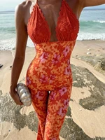 Women Halter Neck Lace Trim Floral Print Flared Jumpsuit Boho Spring Summer Vacation Beach Date Lightweight Flattering Jumpsuit - Image 3