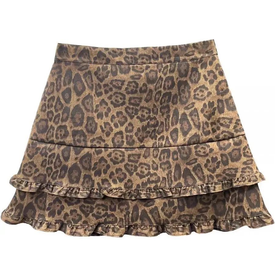 Retro Leopard Print Skirt for Women High Waist Fungus Edge Hip Skort Spice Girl A Word Short Skirt