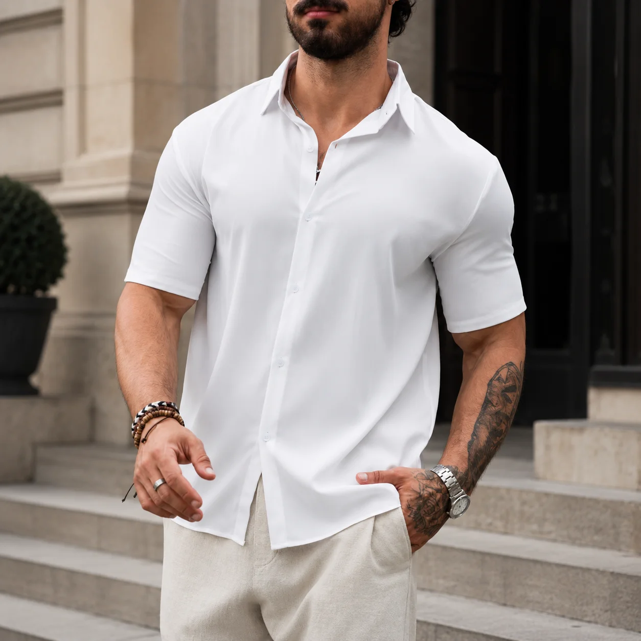 

Solid Color Lapel Short Sleeve Black White Button Down Shirt for Men Casual Summer Top