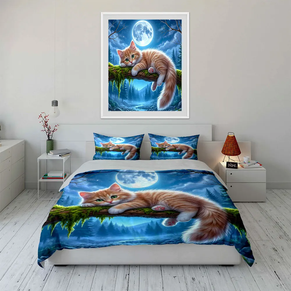 Orange Cat on Moonlit Branch Print Soft Comfortable Duvet Cover Bedding Set Included 1*Duvet Cover  2*Pillowcases Luxury gifts